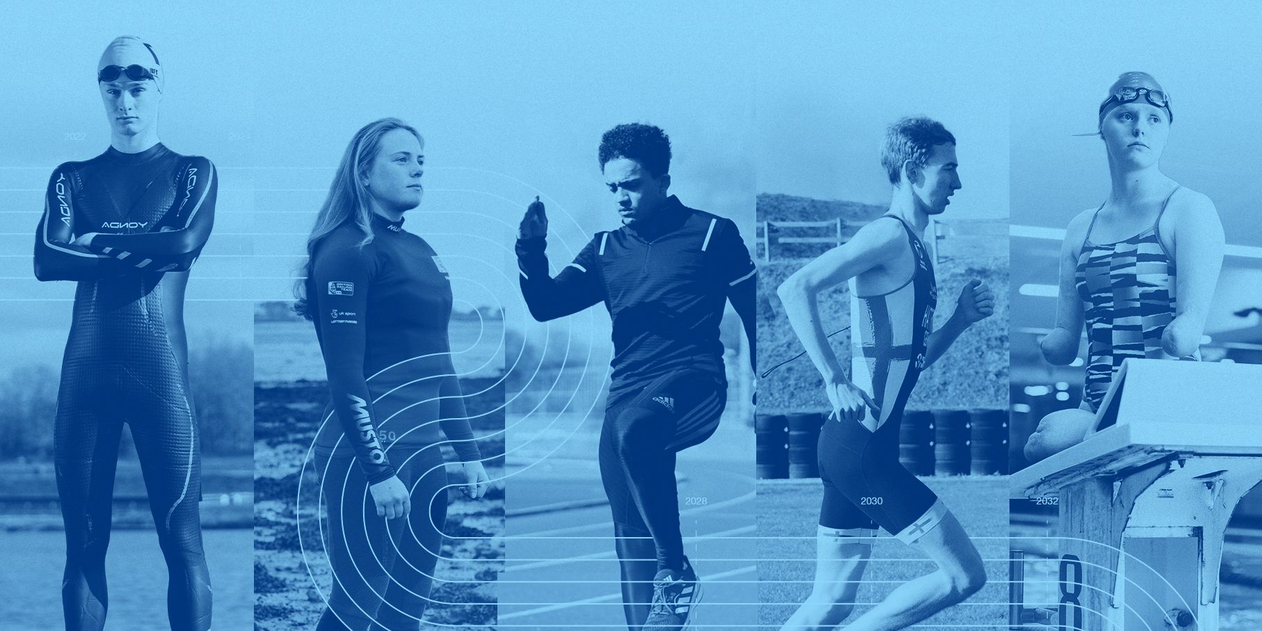 Five athletes with a blue tone