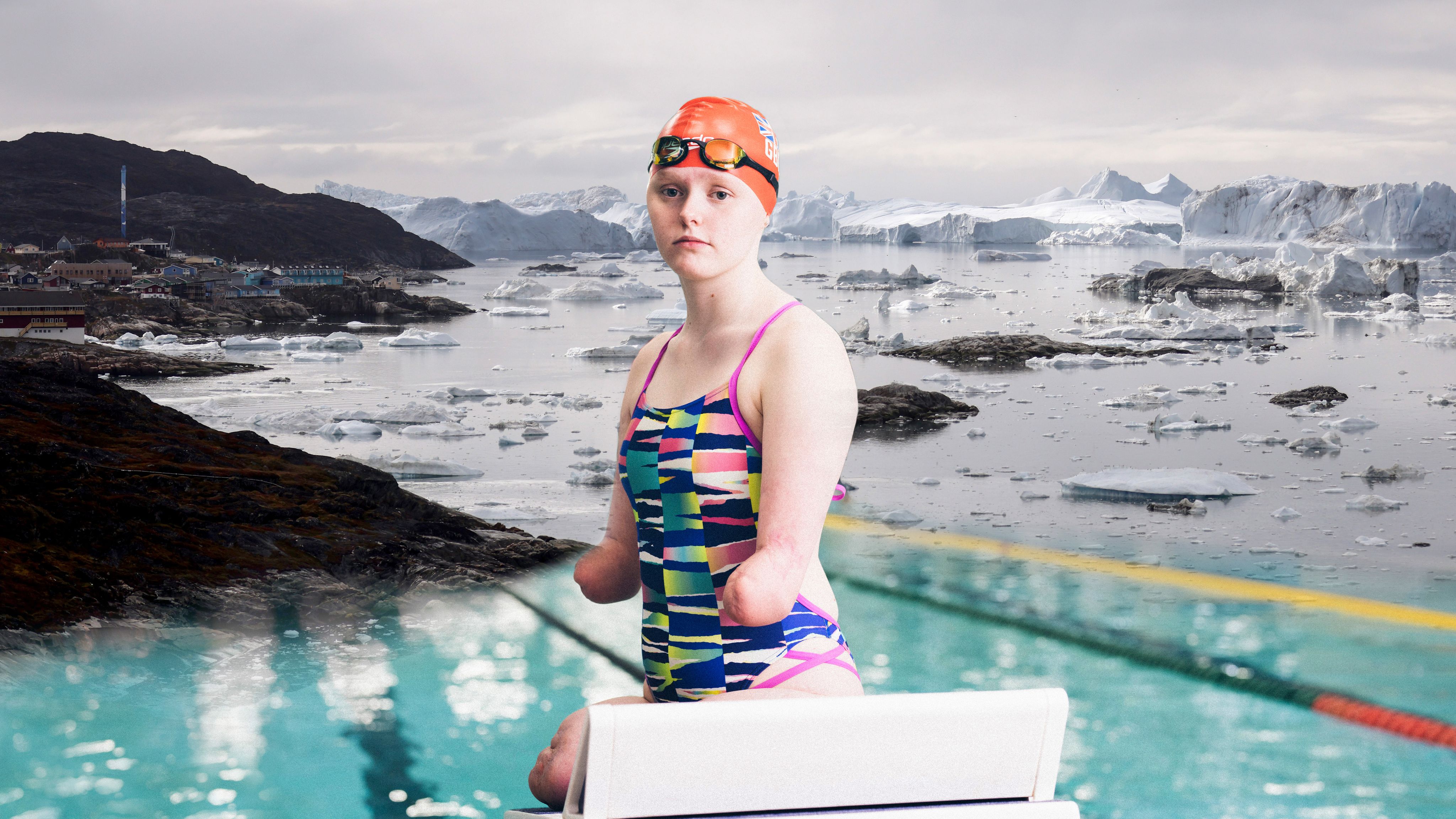 Paralympic swimmer infront of pool with icebergs melting in background