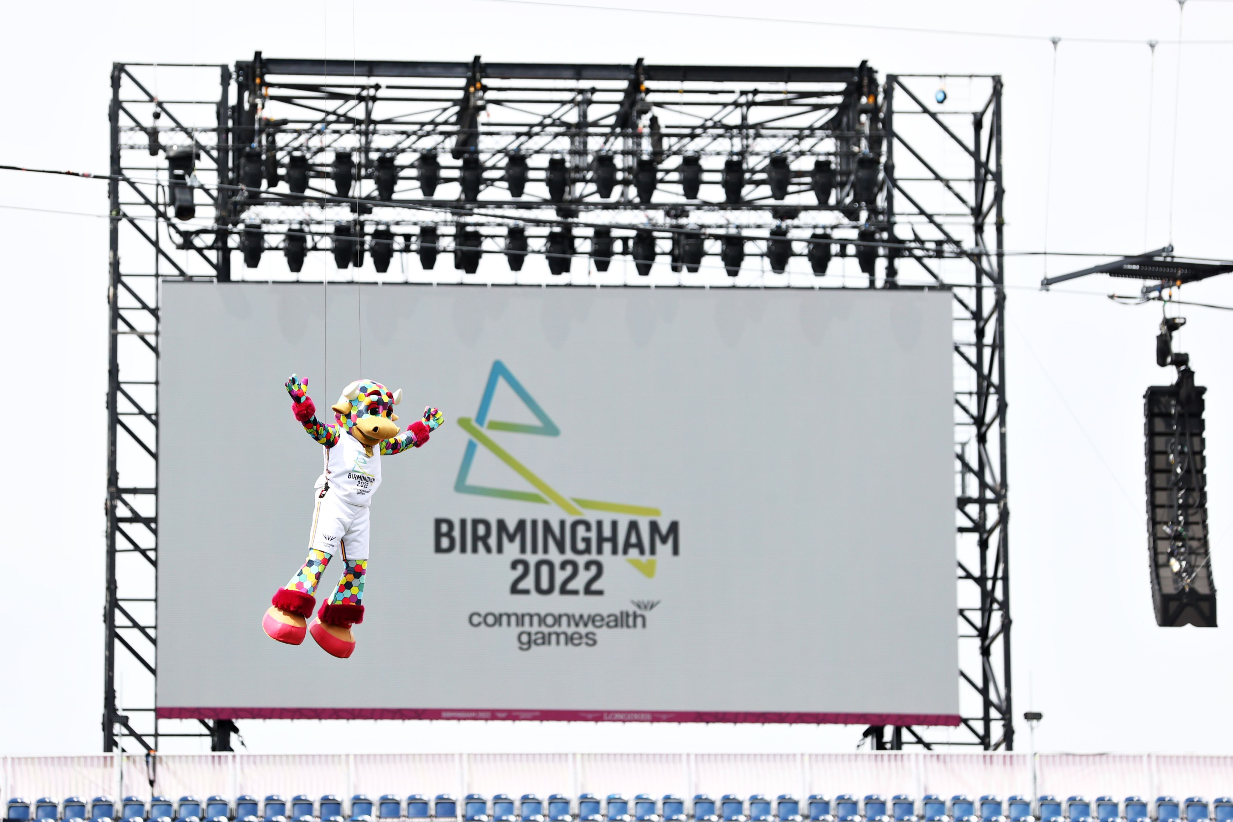 Perry the mascot of Birmingham 2022 ziplines into the Alexander Stadium for the opening of the 2022 Commonwealth Games in Birmingham.