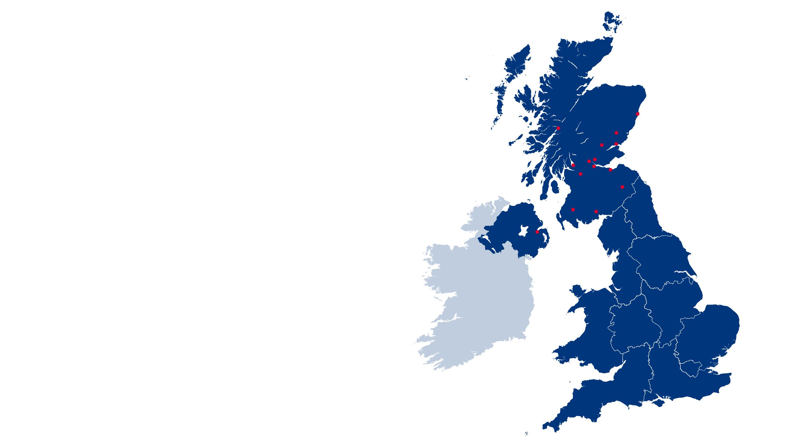A Map of the UK with red dots highlighting the areas of previous major events.