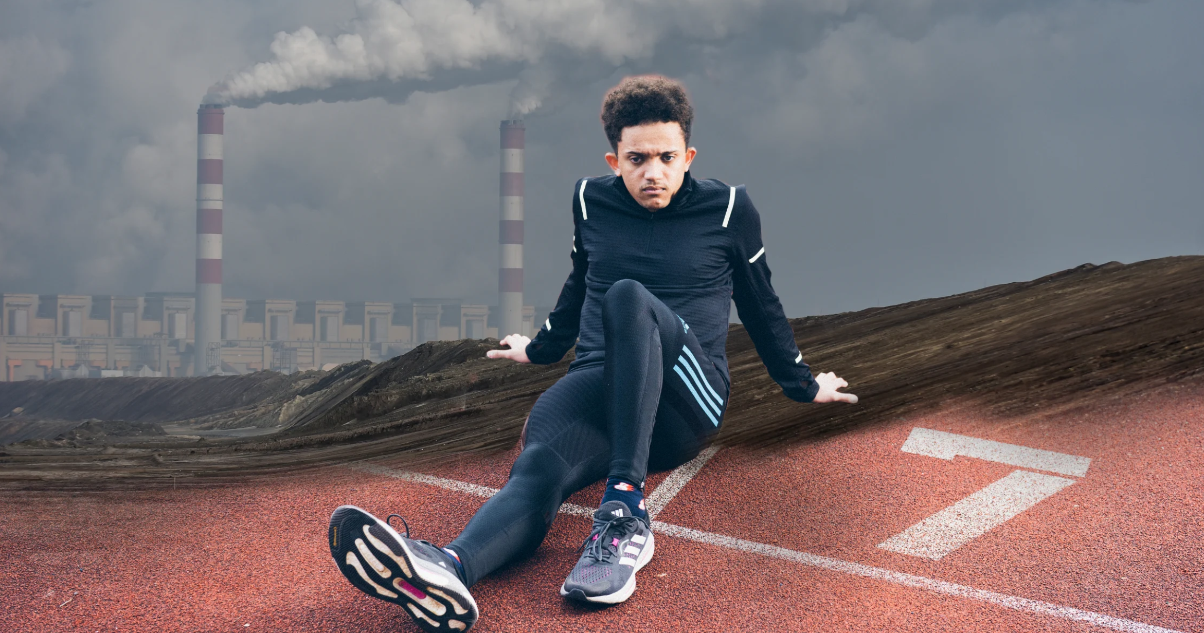 Athlete sat on a running track with a backdrop of a factory emitting smoke
